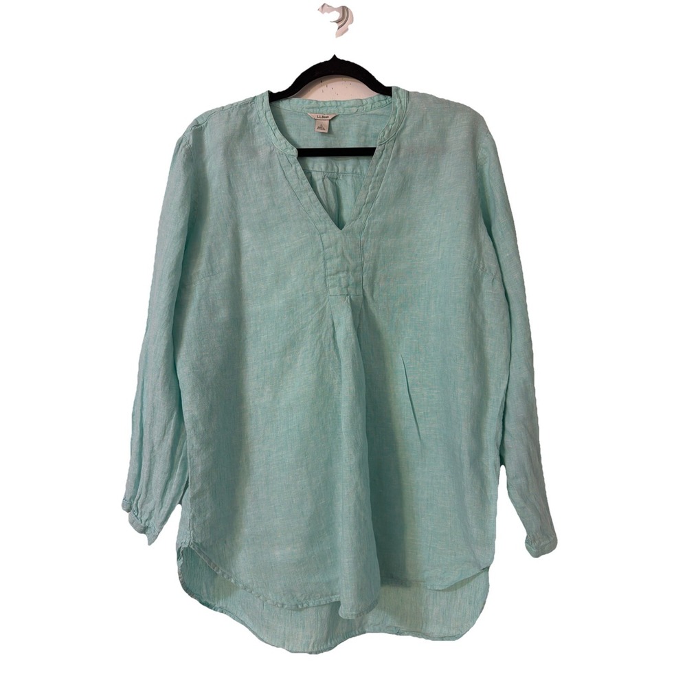 LL Bean 100% Linen Tunic Top Long Sleeve Splitneck Blue Sz LP Coastal